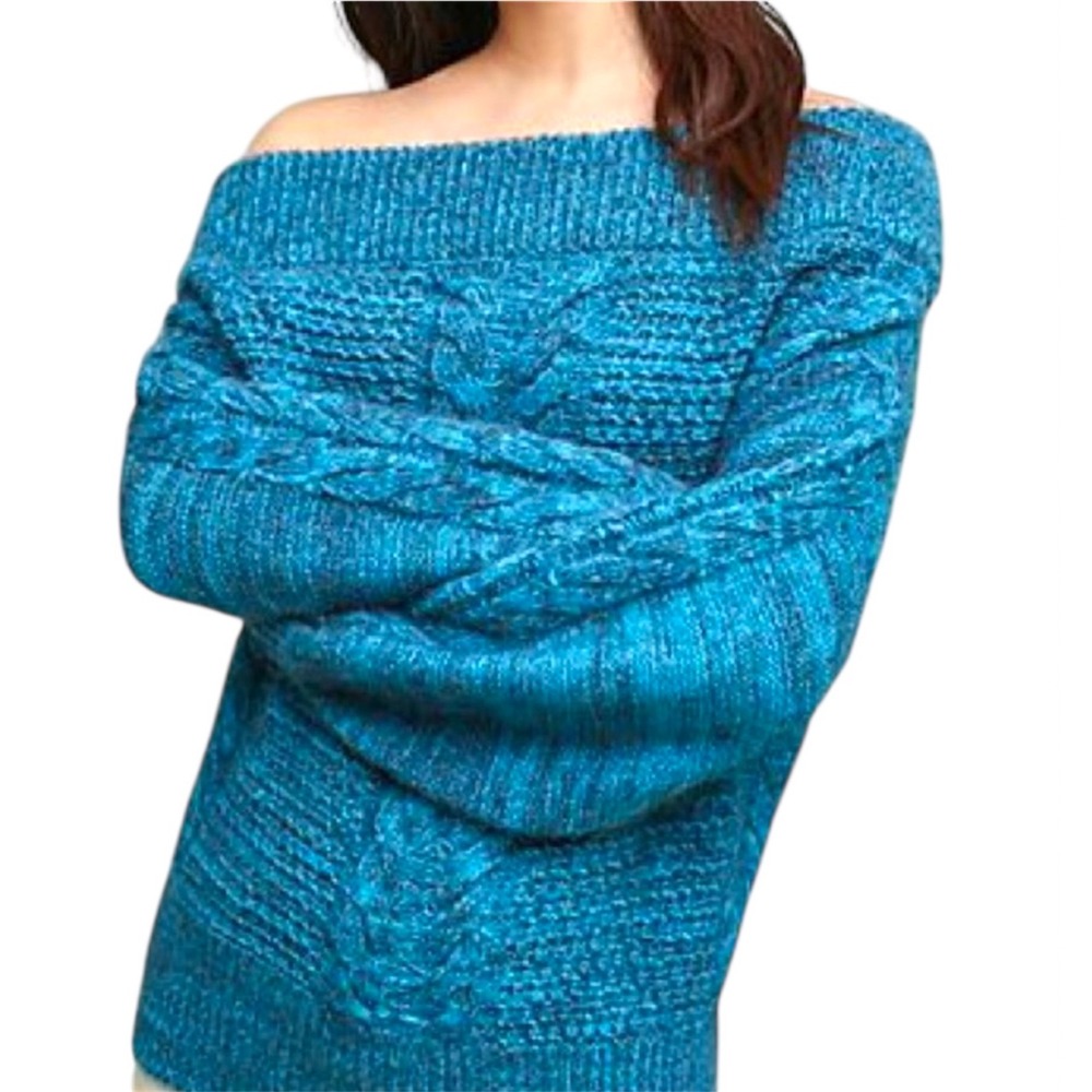 Anthro Allaca Wool Bld Sleeping On Snow blue cable off-shoulder sweater Blend XS